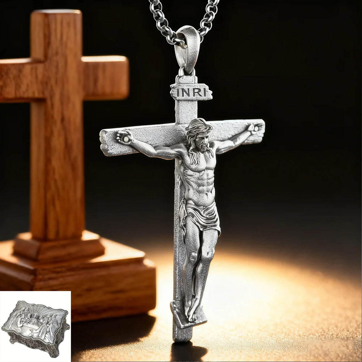 The Passion of Christ S925 Silver/Titanium Steel Cross Necklace - design detail
