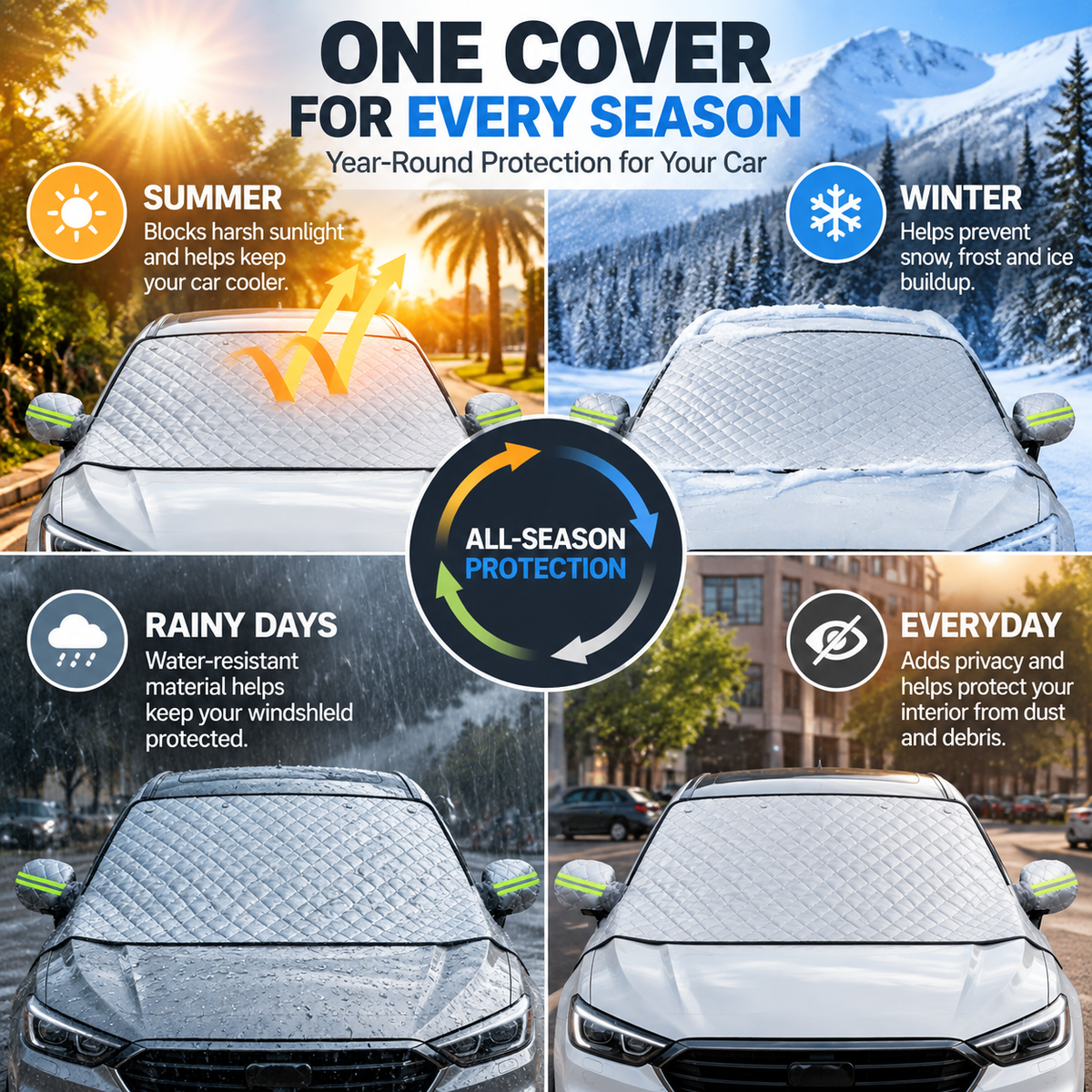 Windshield cover used for sunny, snowy, rainy, and everyday parking conditions